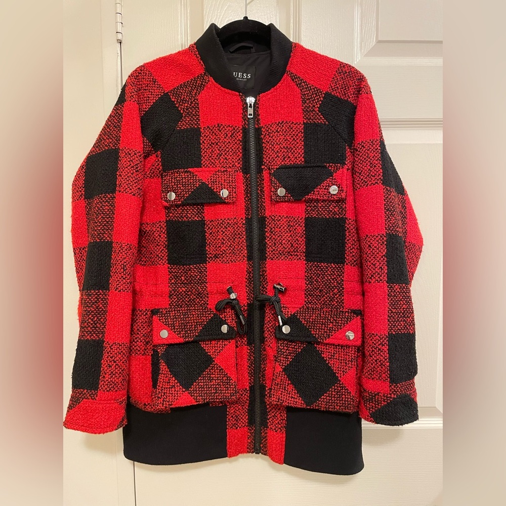 Guess Fiery Red and Black Darian Bomber Jacket.